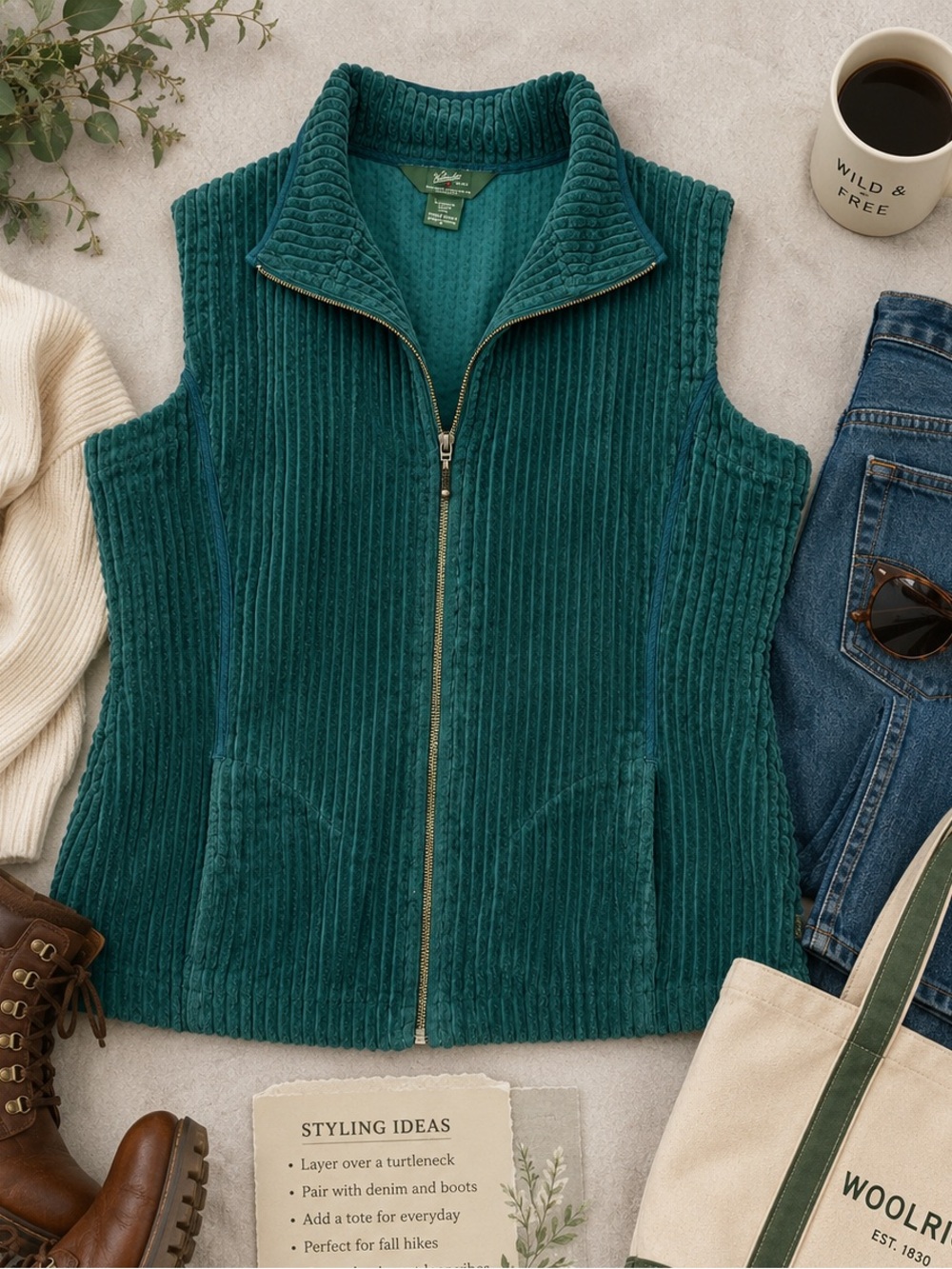Woolrich Women’s Corduroy Vest Size M Teal Green Cotton Full Zip Fall Layering